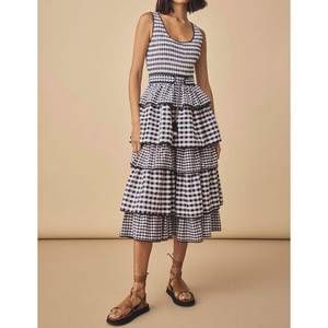 HUNTER BELL Black and White Gingham Tiered Midi Dress